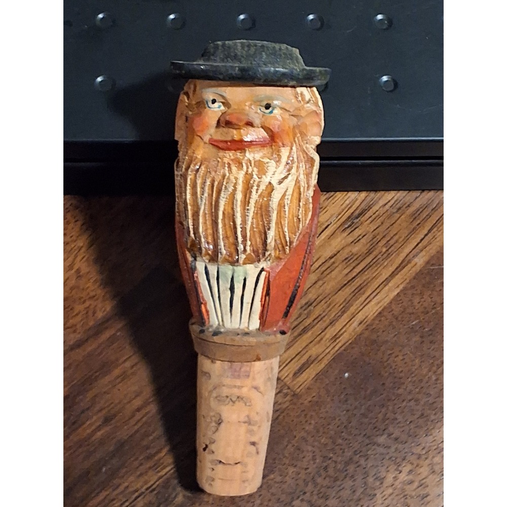 Vintage Anri Style Mechanical Wood Bottle Stopper Hand Carved Double Head Italy